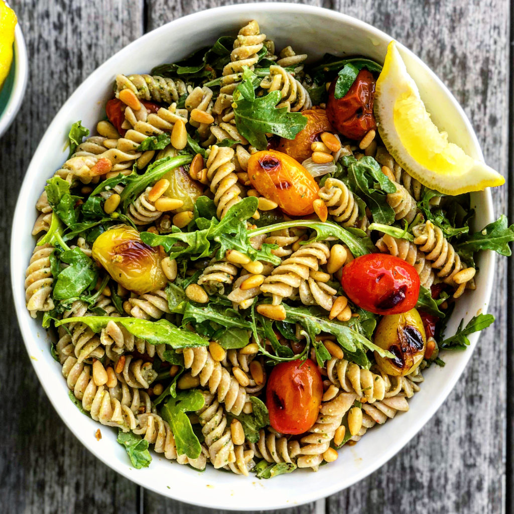 Plant-Based Pesto Pasta Salad With Grilled Grape Tomatoes - Meatless Monday