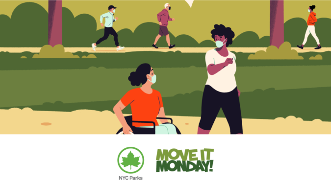 Illustration of people exercising in a New York City park